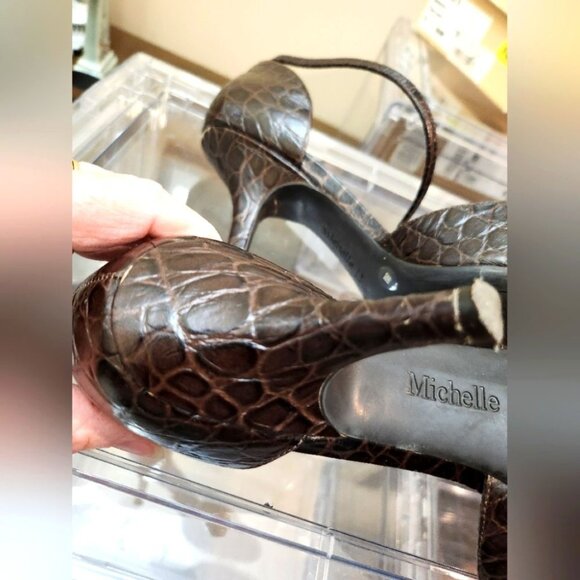 Michelle D 8M Fudge Crocodile Closed Toe High Heels with Ankle Strap - Picture 14 of 15